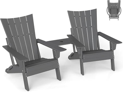 GREENVINES Folding-Adirondack-Chairs-Set-of-2 | HDPE Plastic | Arch Series | Fire Pit Chair | with Connecting Tray | Removable Table | All Weather | for Outdoor Patio Deck Poolside | Grey