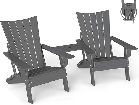 GREENVINES Folding-Adirondack-Chairs-Set-of-2 | HDPE Plastic | Arch Series | Fire Pit Chair | with Connecting Tray | Removable Table | All Weather | for Outdoor Patio Deck Poolside | Grey