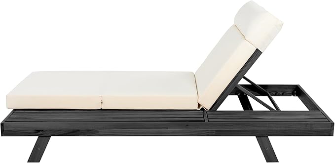 Christopher Knight Home Dami Patio Chaise Lounge Chair Outdoor with 4'' Foldable Cushion, Acacia Wood Poolside Sun Lounger, Space Available On One Side, Adjustable Backrest Pool Lounger, Black + Beige