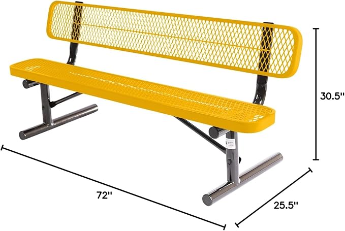 COATEDOUTDOORFURNITURE Heavy-Duty Portable Outdoor Bench Thermoplastic Coated, Expanded Metal, Commercial-Grade Seating, Made in America (Portable with Back, 6 Ft, Textured Yellow)
