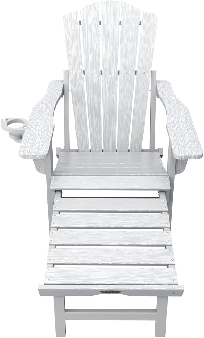 Adjustable Adirondack Chairs with Retractable Ottoman, HDEP Folding Adirondack Chair with Footrest & Cup Holder, All Weather Fire Pit Chair for Outdoor,White