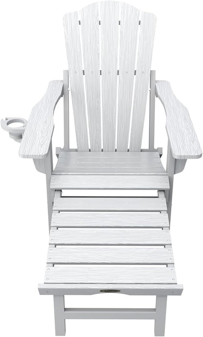 Adjustable Adirondack Chairs with Retractable Ottoman, HDEP Folding Adirondack Chair with Footrest & Cup Holder, All Weather Fire Pit Chair for Outdoor,White