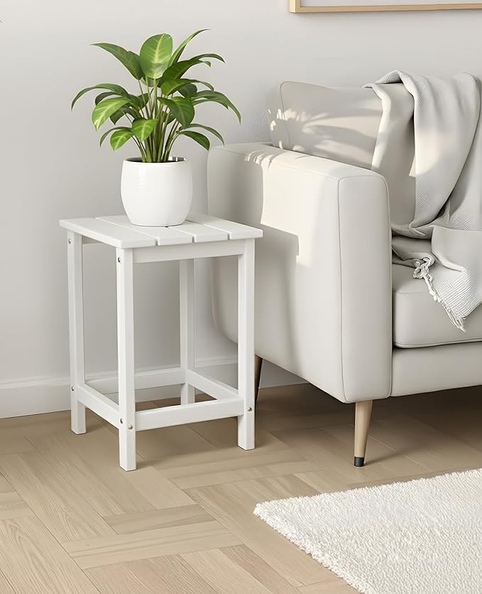 Outvita Adirondack Side Table, 14 Inch Square Outdoor End Table, HDPE Weather Resistant Coffee Table for Patio Balcony Deck Garden, White