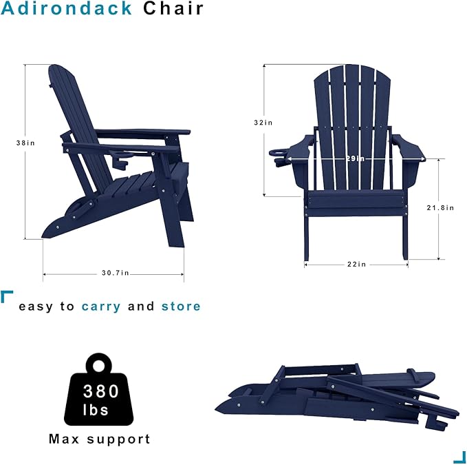 Folding Adirondack Chair Set of 2，Wooden Textured Fire Pit Chair with Cup Holder, Heavy All-Weather HDPE Plastic Outdoor Patio Chairs for Poolside Backyard Patio Outdoor Garden