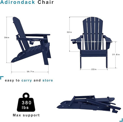 Folding Adirondack Chair Set of 4，Wooden Textured Fire Pit Chair with Cup Holder, Heavy All-Weather HDPE Plastic Outdoor Patio Chairs for Poolside Backyard Patio Outdoor Garden