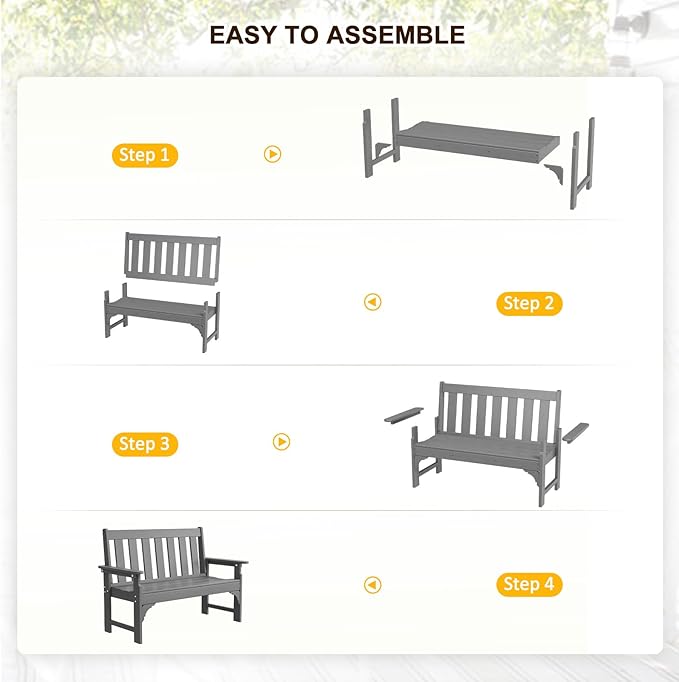 nalone Outdoor Bench, HDPE All Weather Patio Bench Load up to 800 Lbs, 2-Person Garden Bench Rot-Proof Fade Proof for Patio, Porch, and Park (Grey)