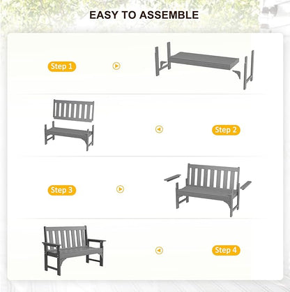 nalone Outdoor Bench, HDPE All Weather Patio Bench Load up to 800 Lbs, 2-Person Garden Bench Rot-Proof Fade Proof for Patio, Porch, and Park (Grey)