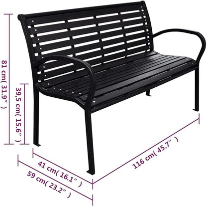 BOWERY HILL Contemporary Steel Garden Bench, Matte Black Finish, 116 cm Wide, Rectangular Design, WPC and Steel Construction, Seats 2, Sleek Outdoor Furniture for Patio, Garden, or Balcony Use