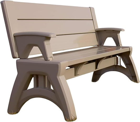Convert-a-Bench Gen 2 2-in-1 Outdoor Convertible Bench to Picnic Table | Space-Saving, Weather-Resistant Patio Furniture for Yard, Deck, Garden | Easy Assembly & Durable - 1 Bench/Order, Adobe