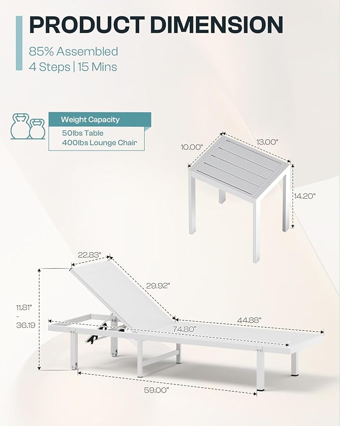 Aluminum Outdoor Lounge Chairs Set of 2, Pool Lounge Chairs with Wheels and 5-Position Recliner -Easy to Move- Patio Chaise Lounge Outdoor for Poolside, Deck, Beach (White)