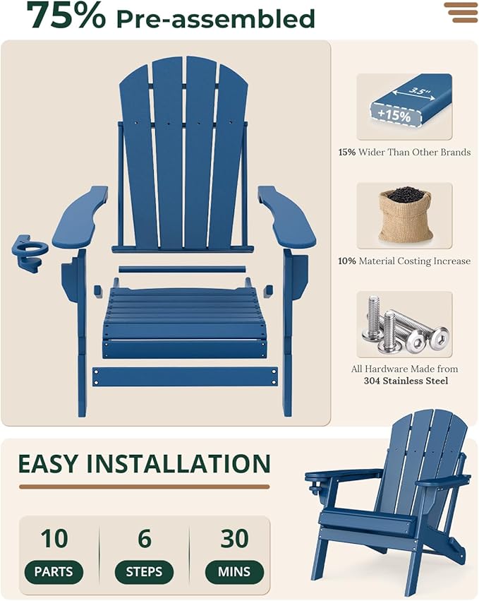 BRIOPAWS Folding-Adirondack-Chairs Set of 6 | HDPE | Fire Pit Chair | Cup Holder | Weather Resistance | Blue | for Outdoor Backyard Deck Patio