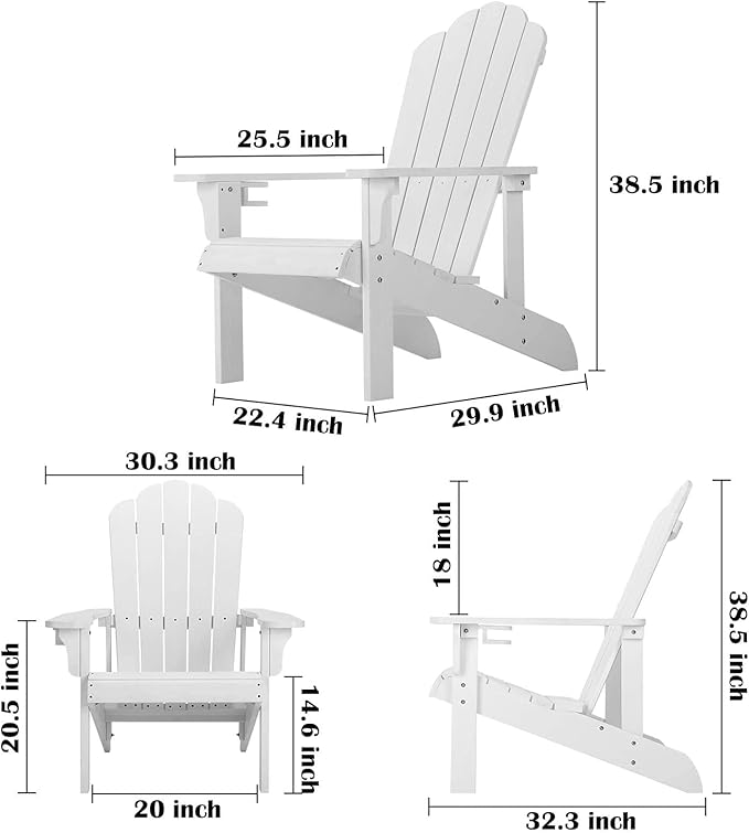 hOmeHua Adirondack Chair, HIPS Adirondack Chairs Weather Resistant with Cup Holder, Plastic Outdoor Chair for Patio, Backyard Deck, Fire Pit Lawn Porch (White)