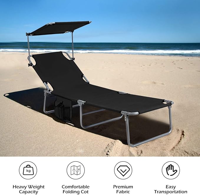 Giantex Tanning Chair, Patio Chaise Lounge Chair with 5 Adjustable Position, Shade Canopy, Storage Pocket, Camping Cot, Outdoor Sunbathing Recliner for Poolside, Lawn Folding Beach Chairs(2, Black)