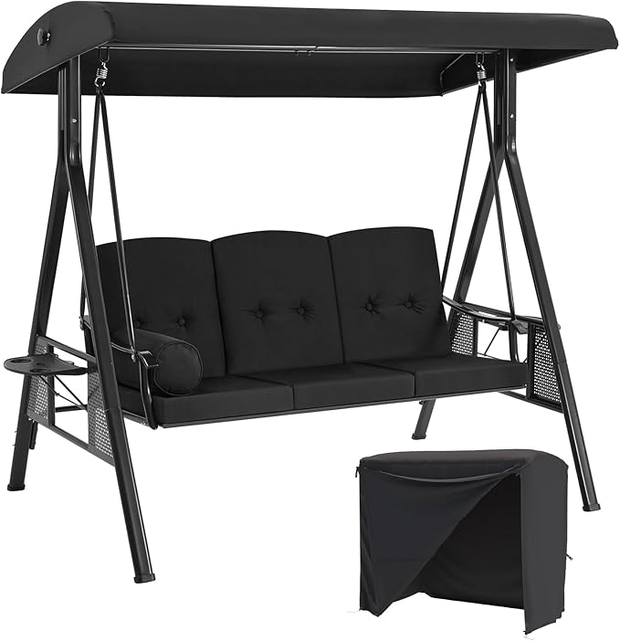 AECOJOY Outdoor Porch Swing with Cover, 3-Seat Patio Swings with Adjustable Canopy - Photo 1