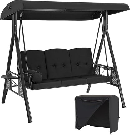 AECOJOY Outdoor Porch Swing with Cover, 3-Seat Patio Swings with Adjustable Canopy, Outside Swing for Adult with Black Removable Cushions for Backyard, Garden, Yard, Poolside, Balcony