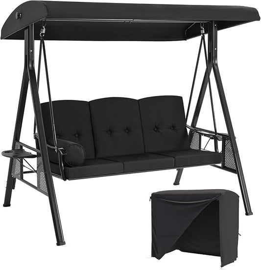 AECOJOY Outdoor Porch Swing with Cover, 3-Seat Patio Swings with Adjustable Canopy, Outside Swing for Adult with Black Removable Cushions for Backyard, Garden, Yard, Poolside, Balcony
