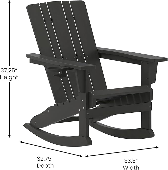 Flash Furniture Halifax Adirondack Rocking Chair with Cup Holder, Weather Resistant Poly Resin Adirondack Rocking Chair, Black