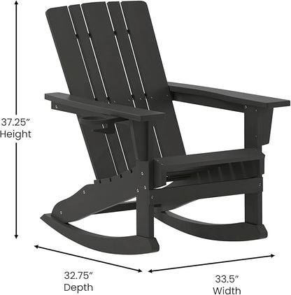 Flash Furniture Halifax Adirondack Rocking Chair with Cup Holder, Weather Resistant Poly Resin Adirondack Rocking Chair, Black