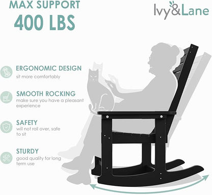IVY&LANE Outdoor Rocking Chairs Set of 4 | Porch-Rockers | Black | HDPE Plastic | All-Weather | High Back | Wide Seat | Oversized Patio Rocker for Adult | for Outside Deck Balcony Garden
