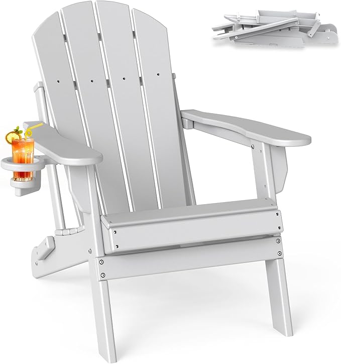 BRIOPAWS Folding-Adirondack-Chair | HDPE | Fire Pit Chairs | Cup Holder | Weather Resistance | White | for Outdoor Backyard Deck Patio