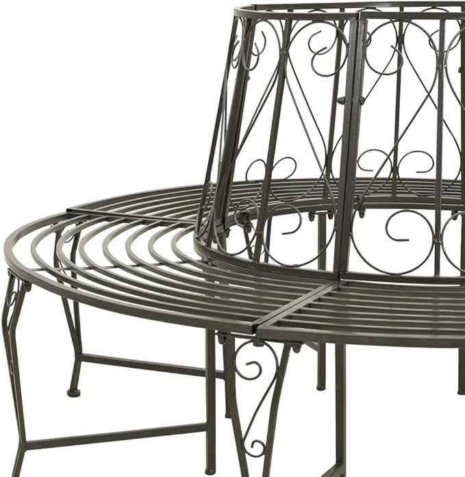 Round Steel Garden Tree Bench with Weathered Grey Finish 63-Inch Diameter Outdoor Seating for Six Persons Durable and Easy Assembly