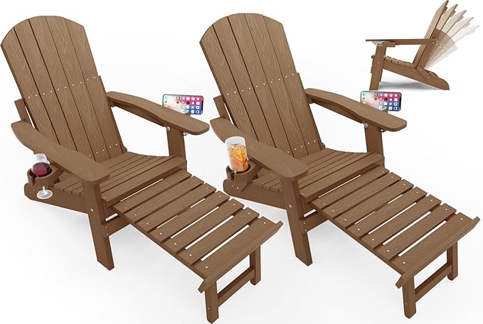 YEFU Adirondack Chair with Retractable Ottoman: Folding Adirondack Chairs Set of 2-5-Level Adjustable Backrest with Footrest - Fire Pit Chairs - 2 Cup Holder - Outdoor Plastic Chair for Patio(Teak)