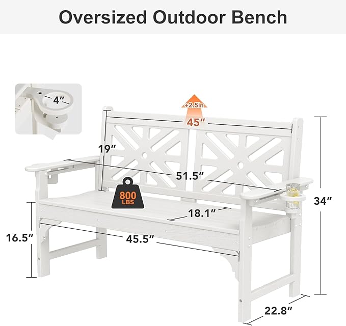 Oversized Outdoor Bench Set of 2, 51.5” HDPE Aesthetic Garden Bench with Cup Holders, Memorial Benches - Easy Assembly & All Weather, for Porch & Patio, 800lbs Load Capacity (White)