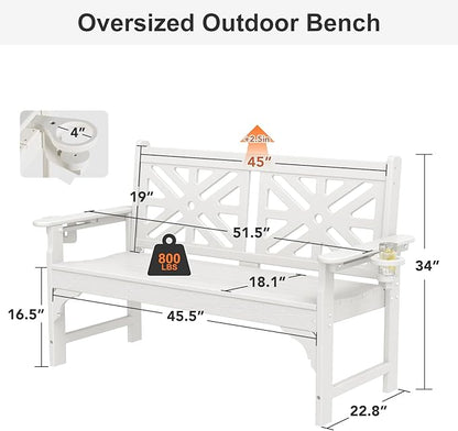 Oversized Outdoor Bench Set of 2, 51.5” HDPE Aesthetic Garden Bench with Cup Holders, Memorial Benches - Easy Assembly & All Weather, for Porch & Patio, 800lbs Load Capacity (White)