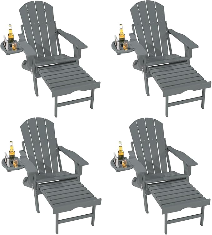 FOOWIN Folding Adjustable Adirondack Chair with Retractable Ottoman Set of 4, HDPE Adirondack Chair w/4 in 1 Cup Holder Trays,All-Weather Resistant Fire Pit Chair for Outdoor Patio Lawn, Grey