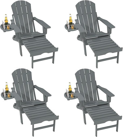 FOOWIN Folding Adjustable Adirondack Chair with Retractable Ottoman Set of 4, HDPE Adirondack Chair w/4 in 1 Cup Holder Trays,All-Weather Resistant Fire Pit Chair for Outdoor Patio Lawn, Grey