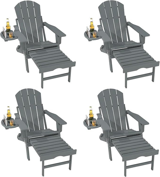 FOOWIN Folding Adjustable Adirondack Chair with Retractable Ottoman Set of 4, HDPE Adirondack Chair w/4 in 1 Cup Holder Trays,All-Weather Resistant Fire Pit Chair for Outdoor Patio Lawn, Grey