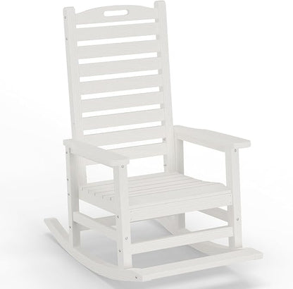 PLUUV Outdoor Rocking Chair with Removable Footboard for Adults, HDPE High Back Patio Rocking Chairs, 330lbs All Weather Porch Rocking Chairs for Outdoor & Indoor -White