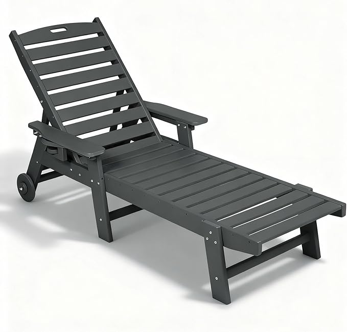 Lounge Chair Outdoor with Wood Texture, Oversized Chaise Lounge Chairs Outside with 5-Position Adjustable Backrest - Photo 3