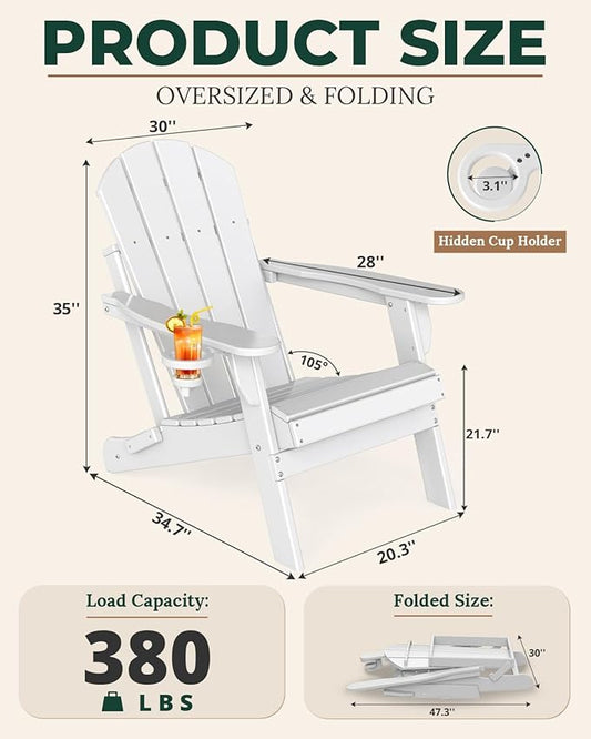BRIOPAWS Folding-Adirondack-Chairs Set of 6 | HDPE | Fire Pit Chair | Cup Holder | Weather Resistance | White | for Outdoor Backyard Deck Patio