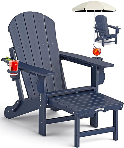 Folding Adirondack Chair with Ottoman, Recyclable HDPE Adirondack Patio Chair with 2 Cup Holder, Outdoor Fire Pit Chairs with Pull Out Footrest, Weather Resistant for Garden, Deck, Poolside, Navy Blue