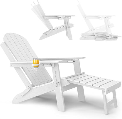 YEFU Folding Adirondack Chair with Footrest: Adjustable Adirondack Chairs with Retractable Ottoman - Sturdy HDEP Plastic with Cup Holder - All Weather for Outdoor/Patio/Fire Pit/Outside/Pool(White)