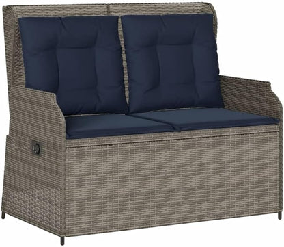 2-Seater Reclining Patio Bench with Cushions, Outdoor Garden Loveseat, Adjustable Synthetic Poly Rattan Backyard Furniture, Gray