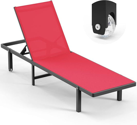 Lounge Chair Outdoor with Wheels, Aluminum Patio Chaise Lounge Chair with 5 Adjustable Backrest - Easy to Move- Pool Lounge Chairs for Deck, Beach, Poolside (Red)