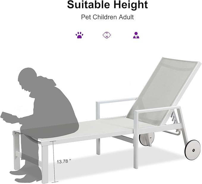 PURPLE LEAF Lounge Chair Outdoor Set 2 Pieces White Aluminum Chaise Lounge with Armrest and Wheels for Pool Deck Patio, Ivory
