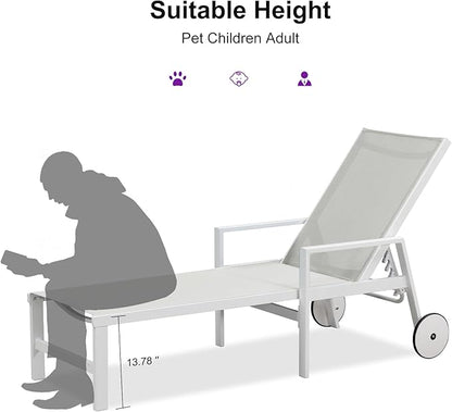 PURPLE LEAF Lounge Chair Outdoor Set 2 Pieces White Aluminum Chaise Lounge with Armrest and Wheels for Pool Deck Patio, Ivory