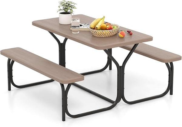 Giantex Picnic Table Bench Set Outdoor Camping All Weather Metal Base Wood-Like Texture Backyard Poolside Dining Party - Photo 1