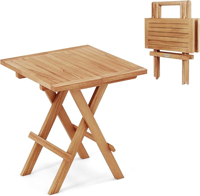 Tangkula Patio Folding Side Table, Teak Wood Square Patio Table with X-Shaped Legs & Slatted Tabletop - Photo 1