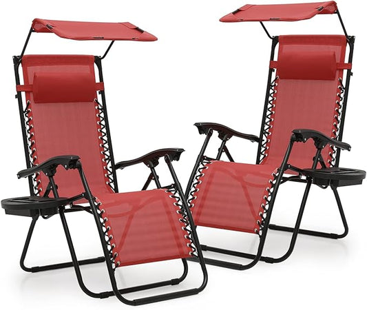 Athena Collection Patio Chairs Set of 2 Reclining Lounge Chair with Cup Holder and Pillow Fabric Camping Chairs with Canopy Foldable Beach Chairs for Garden, Park, Deck, Yard, Poolside, Maroon
