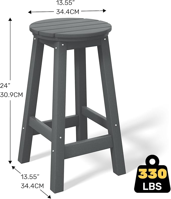 Costaelm 24" Height Outdoor Bar Stools, All-Weather Bar Stools, Adirondack Poly Patio Round Bar Stool for Patio, Deck, Kitchen Counter and Garden, Gray