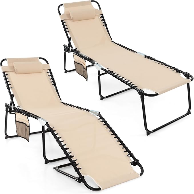 GYMAX Lounge Chairs for Outside, Extra High Folding Beach Tanning Lounger with Adjustable Backrest - Photo 1