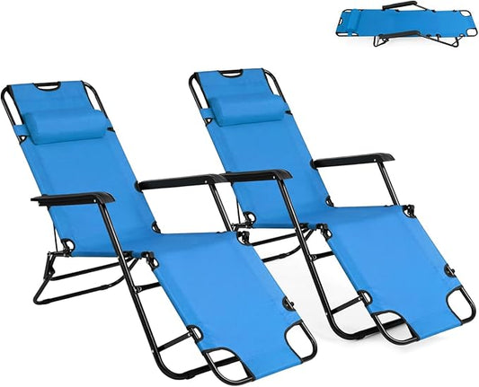 Outvita Folding Chaise Lounge Chair, Outdoor Adjustable Recliner Chair with Pillow for Camping, Beach, Poolside, Garden, Backyard, Lawn