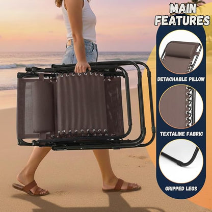 EZONE 1 - Chair Zero Gravity Lounge Chair Outdoor Adjustable Reclining Patio Chair Steel Mesh Folding Recliner for Pool Beach Camping Lounge Chair with Pillow and Cup Tray (1, Brown)