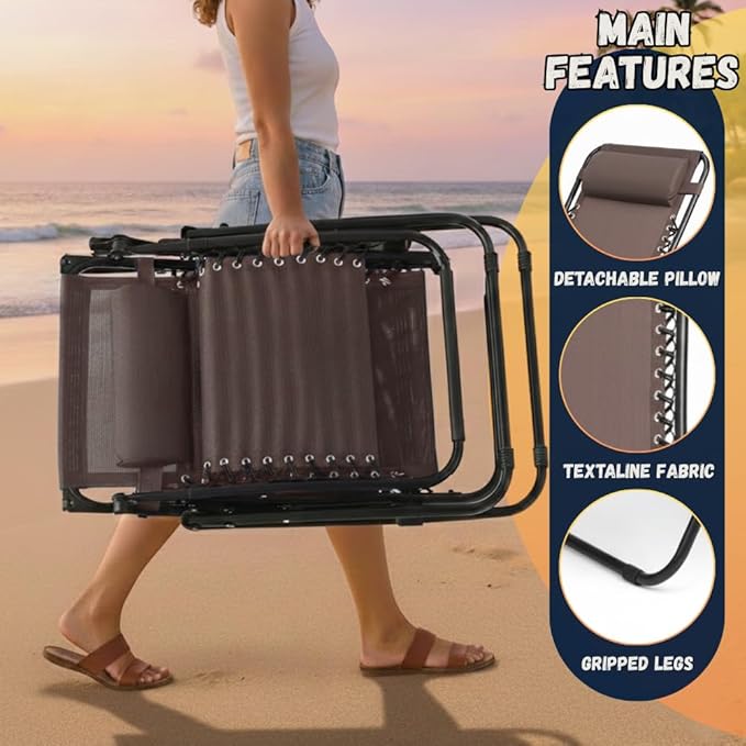 EZONE Zero Gravity Lounge Chairs Outdoor Adjustable Reclining Patio Chair Steel Mesh Folding Recliner for Pool Beach Camping Lounge Chair with Pillows and Cup Tray (2, Brown)