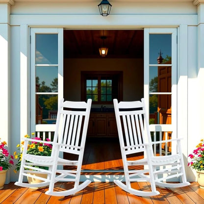 White Porch Rockers for Wooden Adults Furniture Set of 2 Outside Rocking Chair for Patio Lounge Balcony，Suitable for Indoor and Outdoor Use