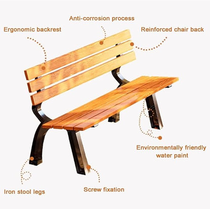 Outdoor Garden Bench, Park Bench with Back, Metal Steel Frame Bench Patio, Metal Bench, Perfect for Garden, Patio, Porch, Deck(Brown,120cm/47.2in)